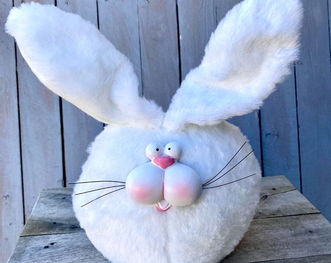 White large bunny fur ball, white bunny face, Easter bunny, spring white bunny