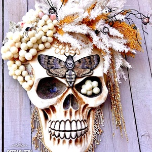 Halloween Wreath, moth man wreath, Skull Wall Decor, Skull Decoration, Skull Wreath, Skull wall decorations, Boho Decor Skull Art image 9