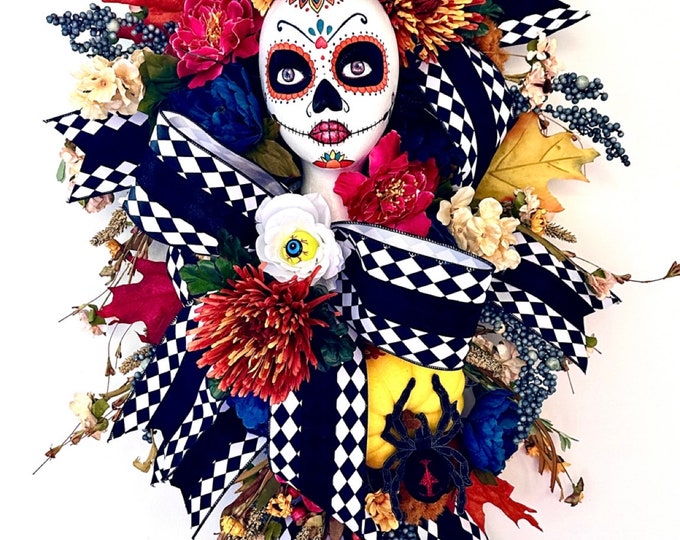 Featured listing image: Mannequin Head, Sugar Skull Wreath, Day of the Dead Wreath, Mannequin Wreath, Hallowed Wreath, Dia De Los Muertos, Skull Wreath