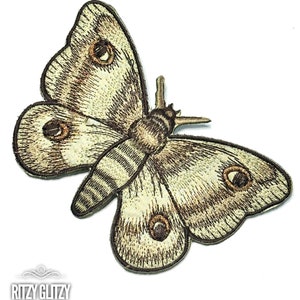 May include: A beige embroidered iron-on patch of a moth with brown details. The moth has large, round eyes and a striped body.