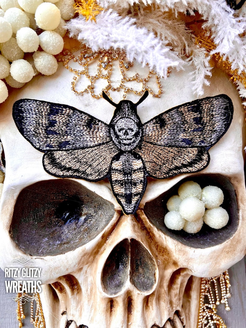 Halloween Wreath, moth man wreath, Skull Wall Decor, Skull Decoration, Skull Wreath, Skull wall decorations, Boho Decor Skull Art image 2