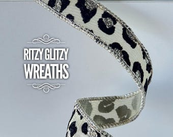 Cheetah Platinum ribbon, metallic wired ribbon, leopard ribbon, 1” leopard ribbon, Farrisilk ribbons