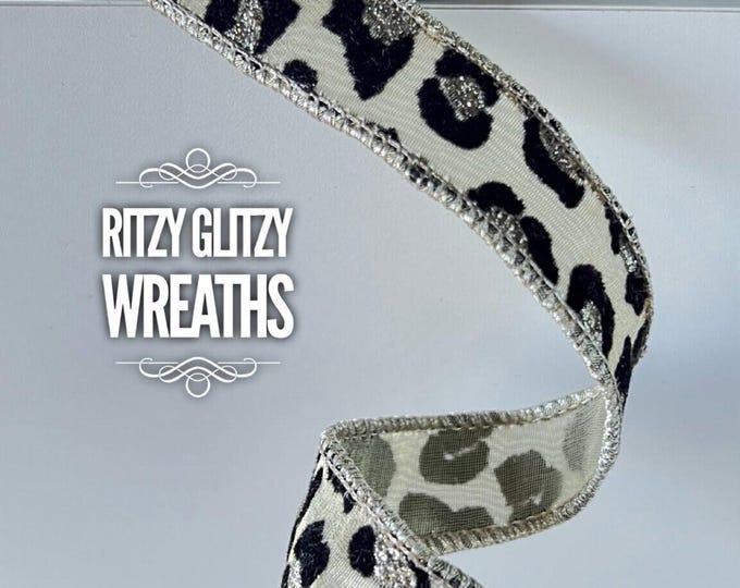 Cheetah Platinum ribbon, metallic wired ribbon, leopard ribbon, 1” leopard ribbon, Farrisilk ribbons