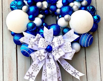 Blue ornament wreath with bow, 24 inch blue wreath, ornament bow wreath, large ornament wreath