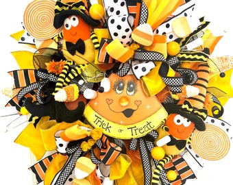 Trick or a treat wreath, candy corn wreath, Halloween wreath, October 31, fall wreath, Ritzy Glitzy Wreaths