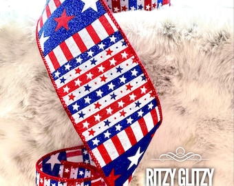Patriotic Ribbon, Patriotic Glitter Wave ribbon, star ribbon, patriotic decor, red white and blue, Americana Ribbons, D Stevens ribbons