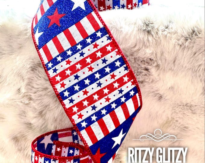 Patriotic Ribbon, Patriotic Glitter Wave ribbon, star ribbon, patriotic decor, red white and blue, Americana Ribbons, D Stevens ribbons