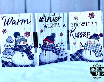 Warm winter wishes snowman kisses sign, snowman folding sign, snowman sign