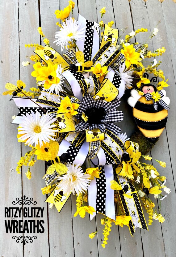 Beehive Spring Wreath, Beehive Decor, Sunflower Decor, Beehive Door