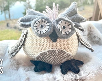 Owl knitted, winter owl, fall owl, plush owl, owl decor, owl wreath accent