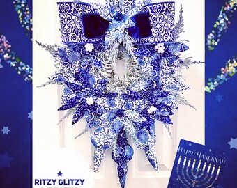 Hanukkah wreath, Blue and a white wreath, Blue White Door wreath, Chanukah Wreath, Happy Hanukkah