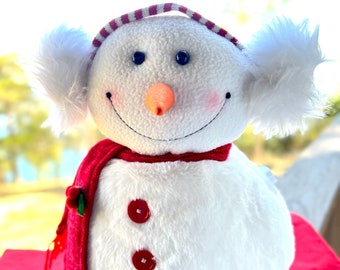 Ear muff large snowman, red and white snowman, winter snowman decor, winter faux snowman