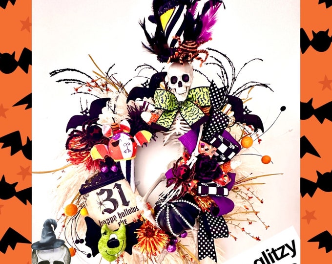 Featured listing image: Mr Bones Skeleton Wreath, Skeleton Swag, Halloween Skeleton Decor, Halloween Swags, Skeleton Door Wreaths