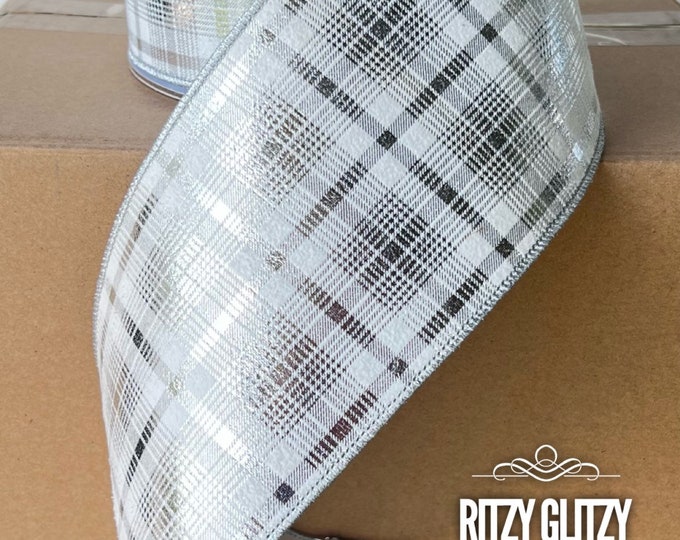 Flashy Plaid Ribbon, 4" wired plaid ribbon, Designer Ribbon, Metallic Silver Plaid Ribbon