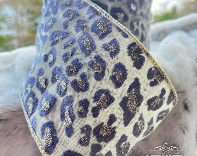 Farrisilk Cheetah retro gray 4” Leopard metallic ribbon, Wired Ribbon, Luxury Ribbon, cheetah gray ribbon, Wreath Supplies