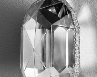 Silver 6.5” crystal acrylic oval precious gem Christmas ornament,  faux jewel ornament, oval shape diamond ornament.