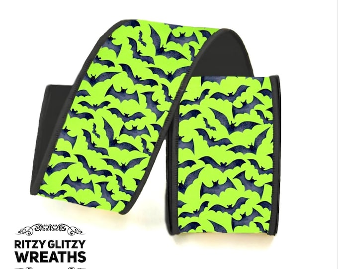 Bat Ribbon, Wired Bat Ribbon, Halloween Bat Ribbon, Lime Green Bat Ribbon Farrisilk