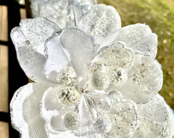 White Velvet jeweled Magnolia, 24” long stem Glitter sequins edge Magnolias, Winter white florals, Winter wedding, 9” white jeweled magnolia