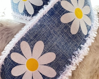 Denim Daisy flower wired Ribbon, white border wired denim Spring summer Ribbon, pretty spring fresh daisy ribbon, Wreath Supplies