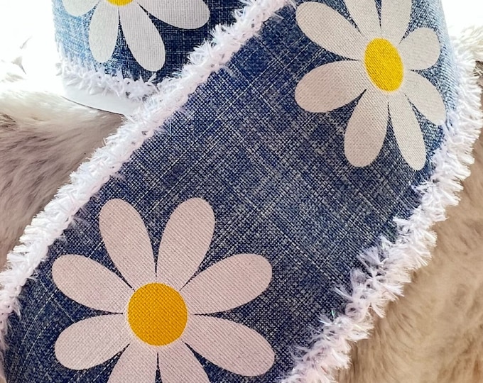 Denim Daisy flower wired Ribbon, white border wired denim Spring summer Ribbon, pretty spring fresh daisy ribbon, Wreath Supplies