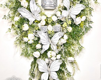 Butterfly Wreath, Wedding Wreath, Wedding Gift, Butterflies front door wreath, farmhouse wedding, White Wedding wreath