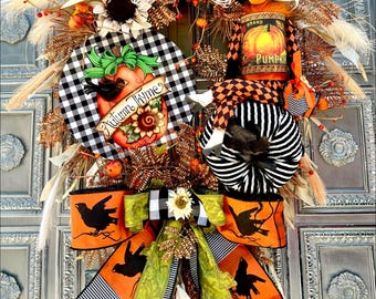 Designer Crow Soupcan Wreath, Autumn Thyme, Grapevine, Fall Door Decor