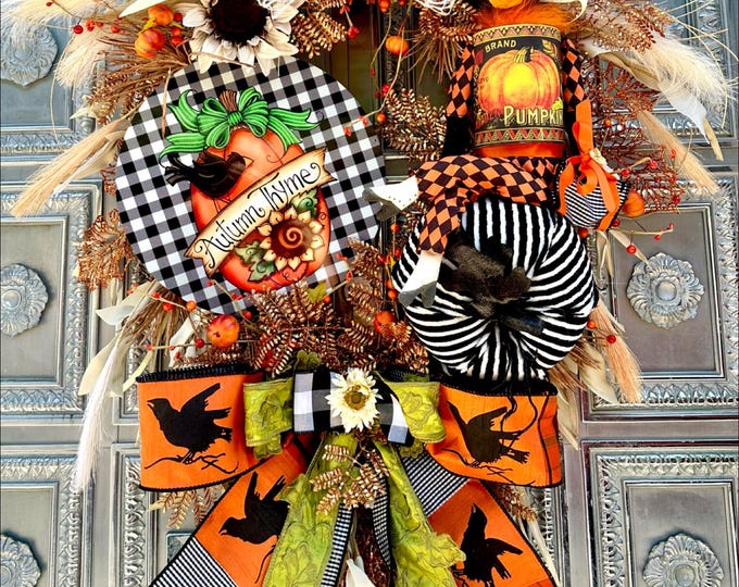 Designer Crow Soupcan Wreath, Autumn Thyme, Grapevine, Fall Door Decor