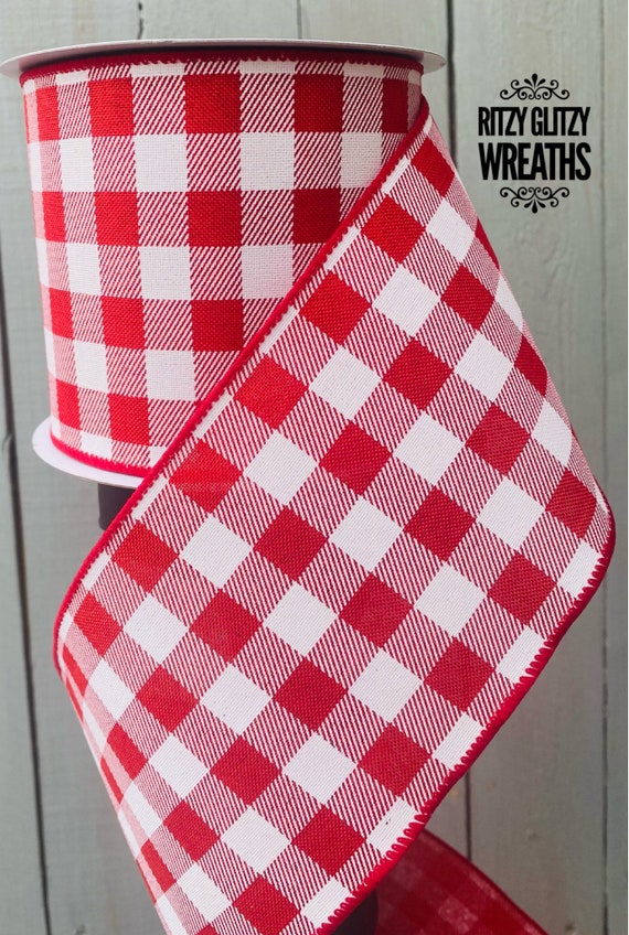 Red Gingham Ribbon 4, Gingham Ribbon, Wired Ribbon, Farmhouse Ribbon, White  and Red Ribbon, Wreath Supplies 