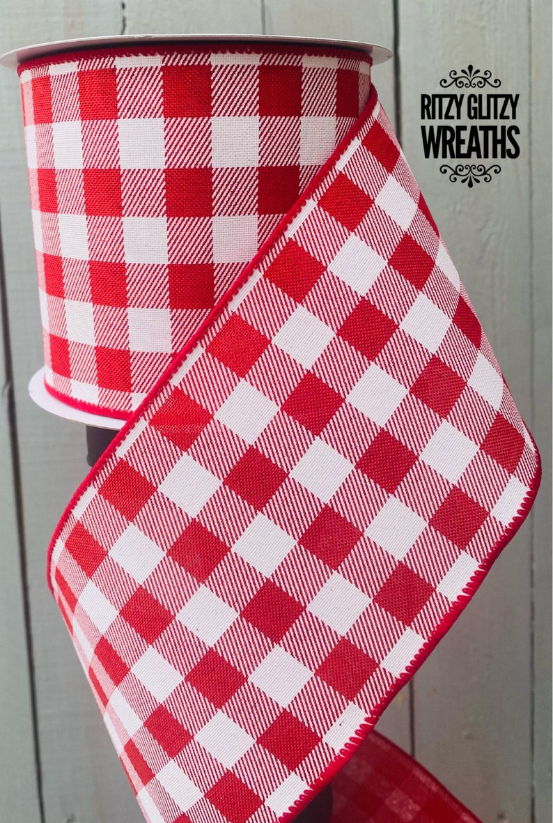 Red Gingham ribbon 4, Gingham ribbon, Wired Ribbon, Farmhouse Ribbon, white and red ribbon, Wreath Supplies image 3