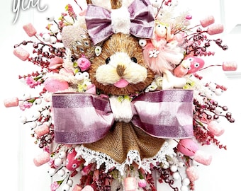 Easter Bunny Wreath, Spring Bunnies Wreaths, pink easter swag, pink wreaths for front doors, holiday wreaths with baubles