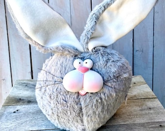 Gray large bunny fur ball, gray bunny face, Easter bunny, spring gray bunny