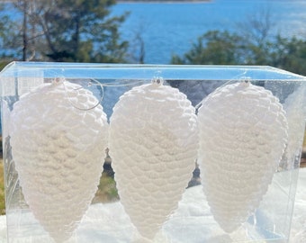 Flocked White Pine Cones - Winter Holiday Decor (3 pak)