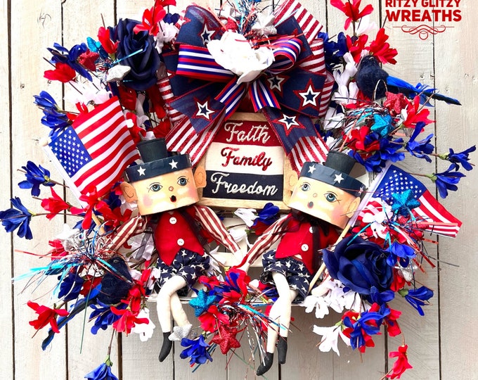 Featured listing image: Patriotic wreath, Americana wreath, patriotic wall basket decor, Americana Wall basket decor, Faith Family & Freedom