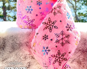 Pink fur snowflake ribbon, pink fur wired ribbon, D Stevens Pink Fur ribbon, Christmas Pink Fur Ribbon