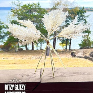 White cream Flocked Pampas Grass: 15" Faux Floral Stems, Wreath Supply