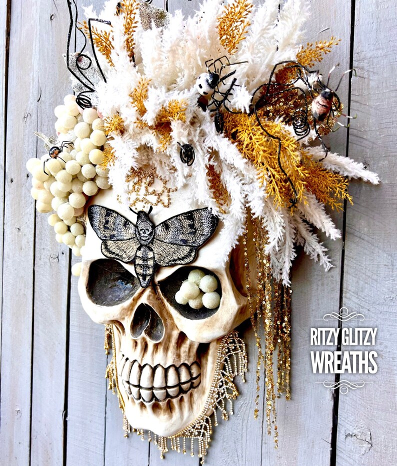 Halloween Wreath, moth man wreath, Skull Wall Decor, Skull Decoration, Skull Wreath, Skull wall decorations, Boho Decor Skull Art image 10