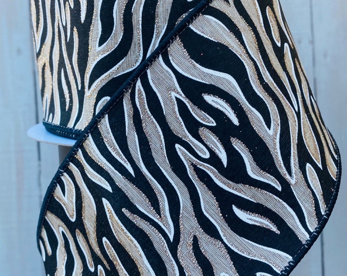 zebra Striped ribbon, Wired Ribbon, Luxury Ribbon, white and black and gold ribbon, Wreath Supplies, Farrisilk Ribbon