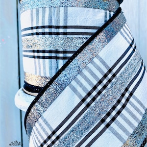 Plaid Silver Ribbon, Holiday ribbon, Luxury ribbon, white and black ribbon, plaid ribbon Farrisilk Ribbon, Wreath Supplies