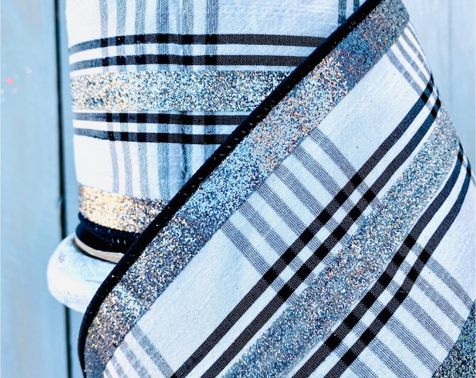 Plaid Silver Ribbon, Holiday ribbon, Luxury ribbon, white and black ribbon, plaid ribbon Farrisilk Ribbon, Wreath Supplies