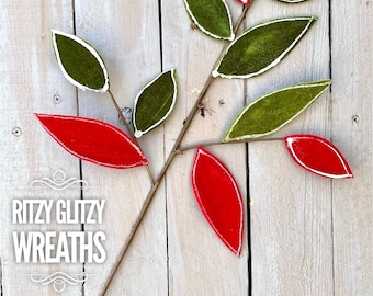 Velvet Magnolia Leaf Pick: Red and Green Flocked Holiday Decor