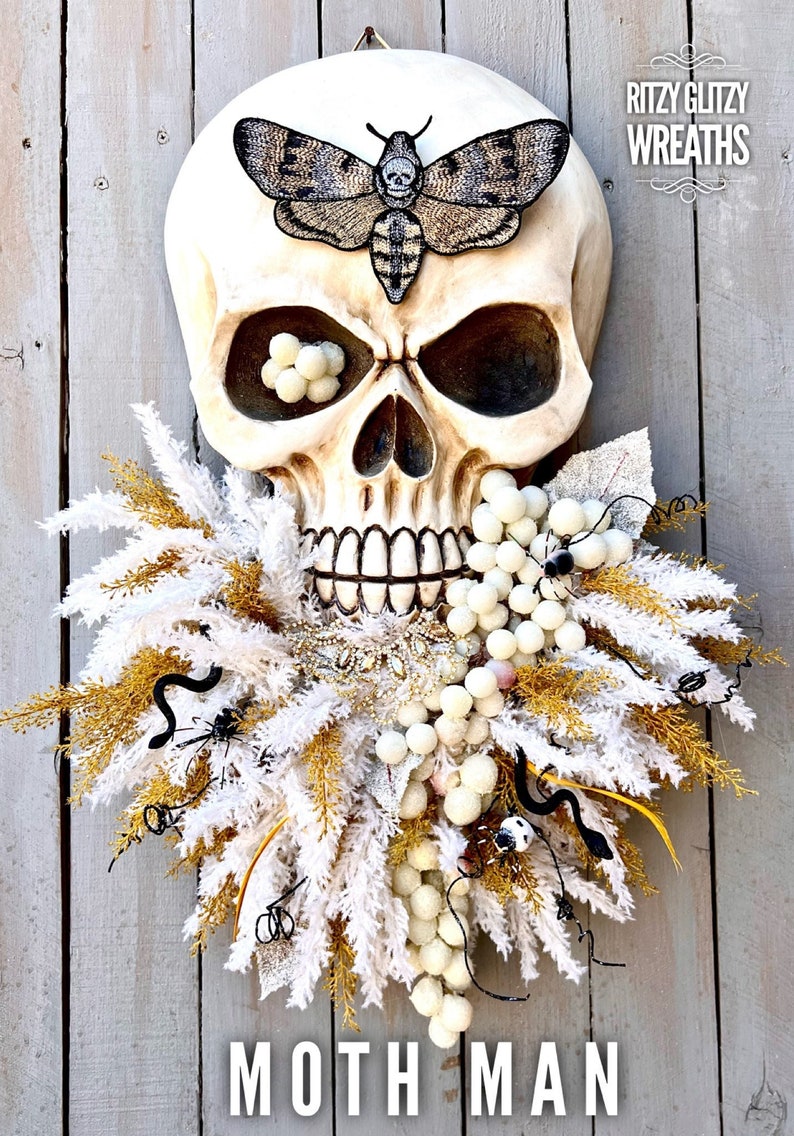 Halloween Skull Wreath, moth man wreath, Bad Boy Skull wall art, skull art, Fall skull Decoration, Skeleton Wreath, Skeleton Swag image 1