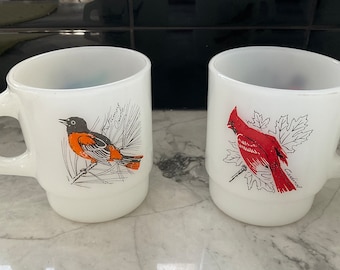 Anchor Hocking Fire King Milk Glass Stackable Mugs with Painted Birds Vintage 1960’s Set of Two