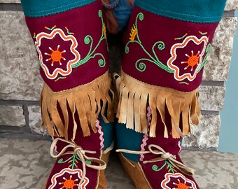 Vintage Handmade Canadian Indigenous Exquisitely Beaded Tanned Moose Hide, Blanket Wool, Tall Moccasins, Mukluks Size 11