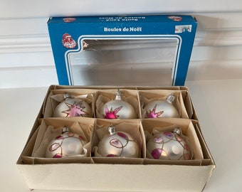 Vintage Hand Blown Boxed Set of 6 Glass Santa Land Christmas Ornaments Poland