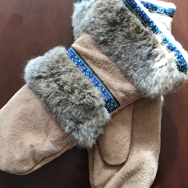 Vintage hecho a mano ante canadiense hombres gran adorno de piel Mittens guanteletes