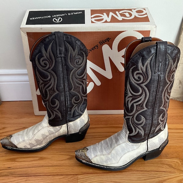 Vintage Acme White Sea Snake Cowboy Boots Pointed Toe # 6093 Size 7 1/2 D Men’s’ Box