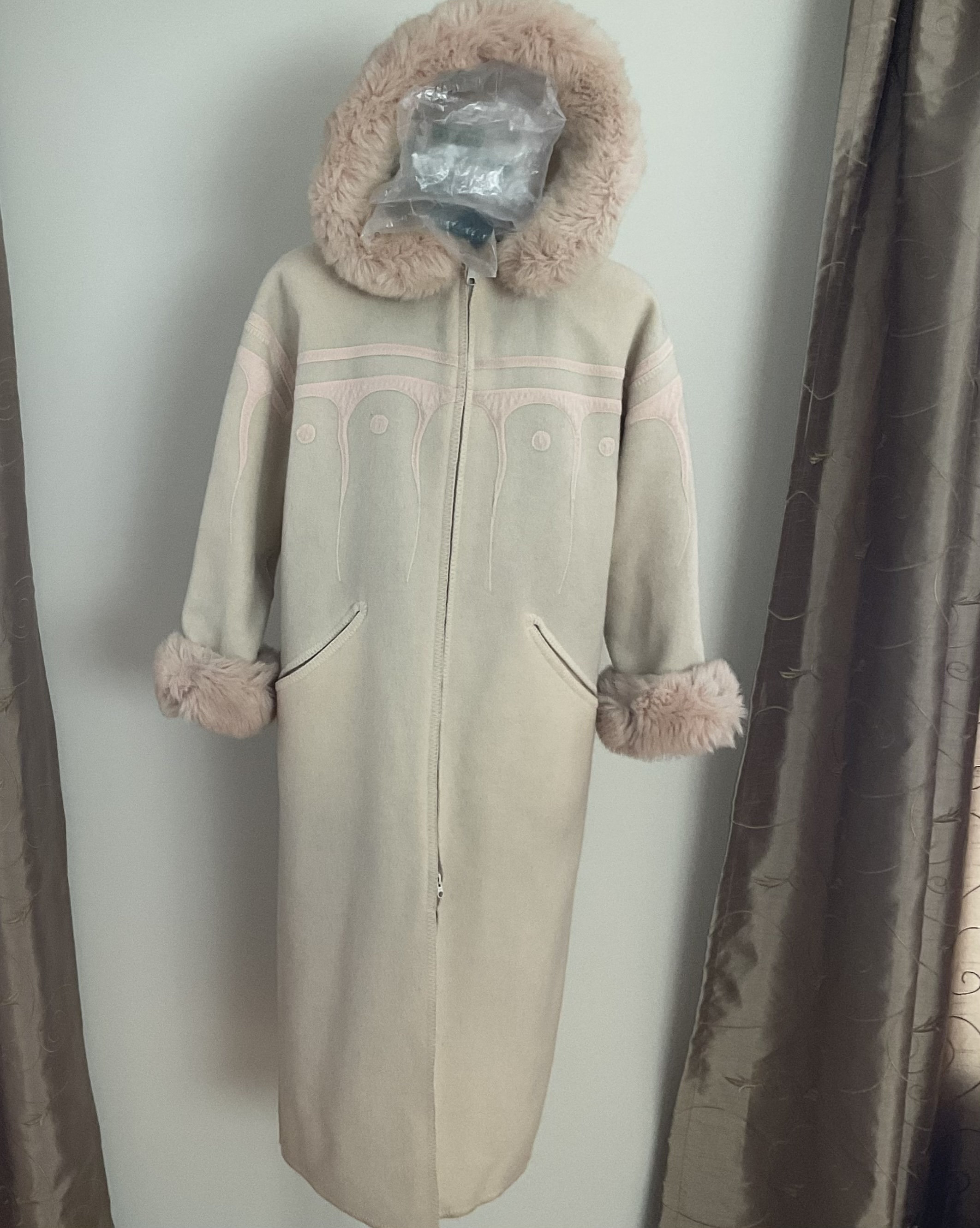 Vintage Linda Lundstrom La Parka Wool Coat Ojibway Native Artist Design Ivory Blush Pink Faux Fur Petite Small Medium Canada Etsy