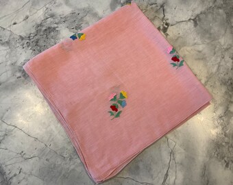 Vintage Pink Linen Hand Embroidered TABLECLOTH FLOWERS 32” x 33”