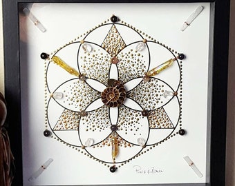 crystal art, framed crystal art, boho art, energy infused art, crystal artwork, healing art, framed crystal grid, seed of life