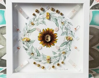 crystal grid, crystal art, framed crystal art, framed crystal grid, sunflower, mandala art, sunflower art, sage, sage art, sunflowers